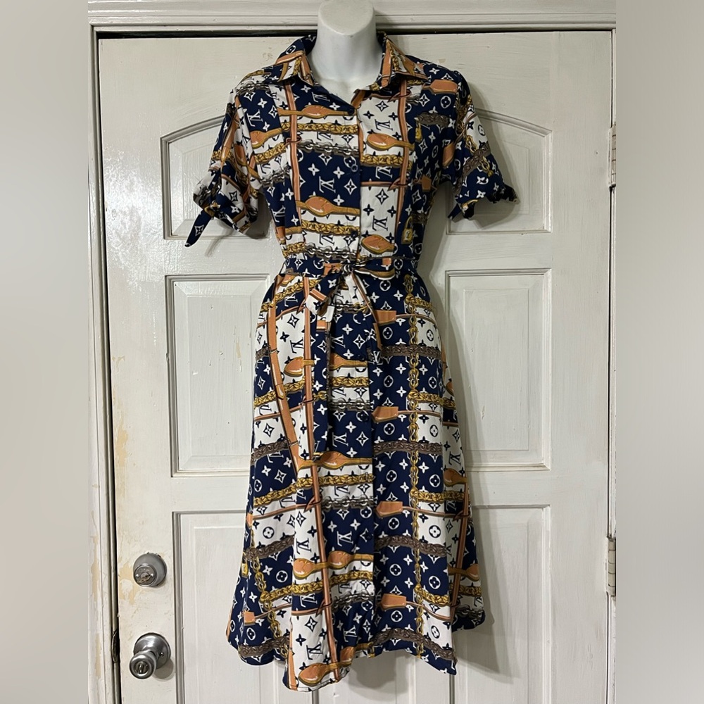 Louis Vuitton Navy and Tan Patterned Dress